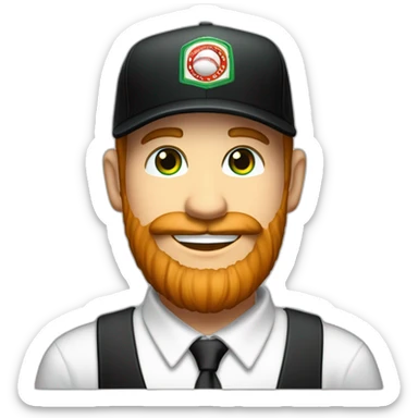 white-man, red-beard-green-eyesfrench-nose-happy-in-black-baseball-cap,-white-shirt-and-black-tie sticker