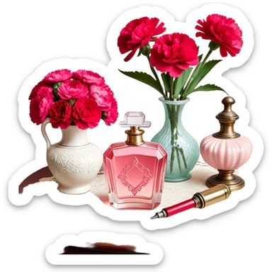 An ornate glass perfume bottle in Petal Pink with a vintage atomizer rests on an antique lace-covered table. Vibrant Strawberry Red carnations spill from a porcelain vase nearby, their fragrance mingling with the soft floral scent of the perfume.  sticker