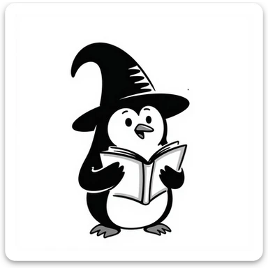 hand-drawn doodle of penguin wizard with floppy wizard hat and spellbook sticker