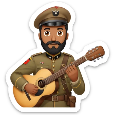 A dark Indian brown man with a black beard and a German war uniform from 1940 holding a brown acoustic guitar sticker