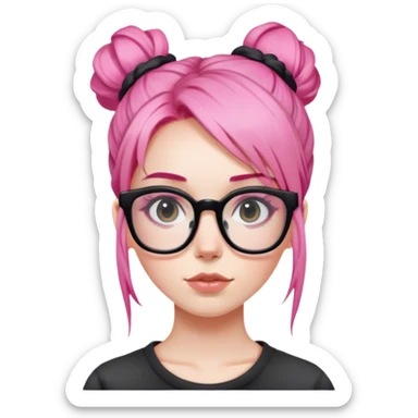 Girl with pink hair in a messy bun and big square black glasses sticker