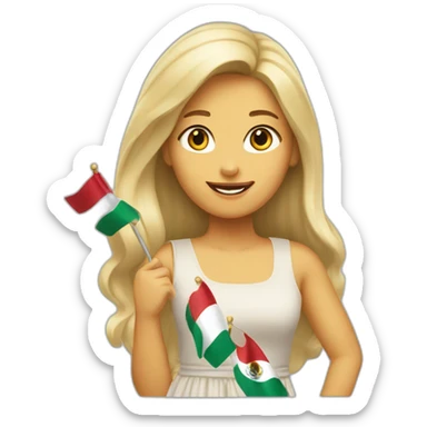 medium long blonde haired woman waving a small mexican flag over her head, wearing a sundress sticker