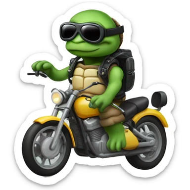 A cartton turttle on a motorbike with a jet helmet and glases, from the front sticker