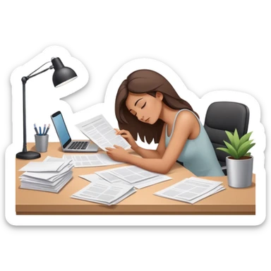 Woman dozing off at bare workspace, just papers on desk sticker