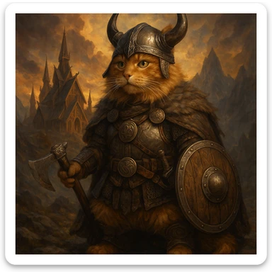 ginger cat dressed as a Viking warrior, Valhalla setting, majestic, fantasy style sticker