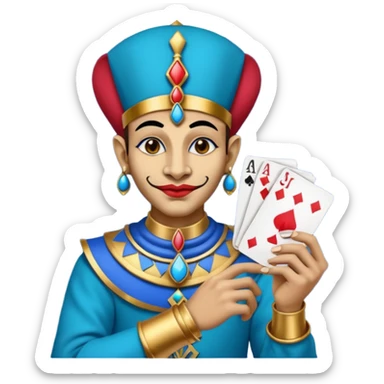 crazy colorful egyptian anubi jolly joker from poker, medieval, vintage, court jester, mac os icon, blue color, holds a single poker card on the right paw sticker