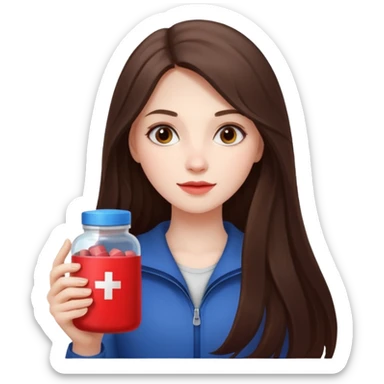 beautiful pale brunette girl with long hair holding a red pack of supplements  sticker
