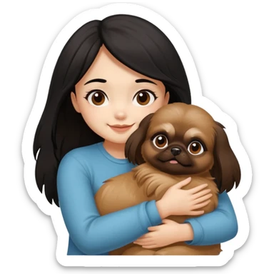 black hair girl hugging cheerfully brown pekingese dog that looks a little bit like brown gremlin sticker