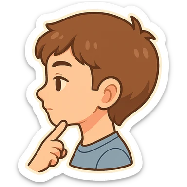 Add a finger pointing to the boy's chin, keep the chibi cartoon style, with no background. sticker