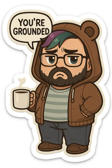 A realism art illustration art style of a plus-sizes man with purple to green ombre streak, black beard, blue eye, glasses, wearing a bear hoodie with ears,  dressed like a dad, holding a coffee mug, You’re grounded speech bubble, frowning  sticker