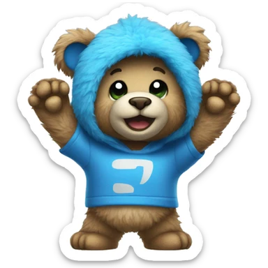 Blue fuzzy bear wearing a gaming shirt waving  sticker