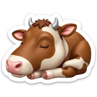 Meme-Worthy Cute Sleeping Brown Cow Portrait Emoji, Head resting peacefully with a contented smile, showcasing a robust build and a luxuriously soft deep brown hide, eyes shut in a serene, restful nap, Simplified yet hilariously adorable features, highly detailed, glowing with a soft, drowsy light, high shine, relaxed and utterly lovable, stylized with an air of playful laziness, bright and heartwarming, soft glowing outline, capturing the essence of a comically sleepy cow, so meme-worthy it feels like it could instantly become the next viral sensation of adorable slumber! sticker