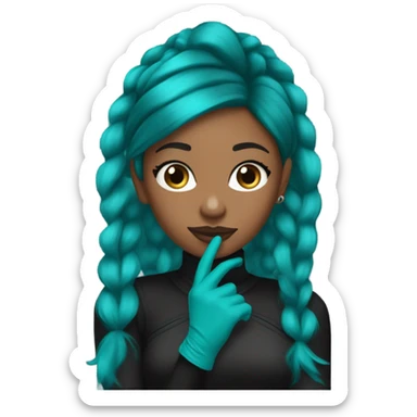 Brown girl with 2000s scene brown hair and teal streaks with a teal and black 2000s style outfit with black and teal fingerless gloves sticker