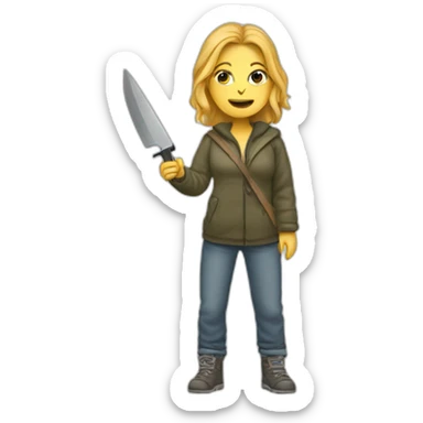 Homeless caucasian woman showing a knife sticker