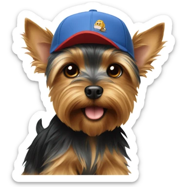 Yorkshire Terrier wearing a cap sticker