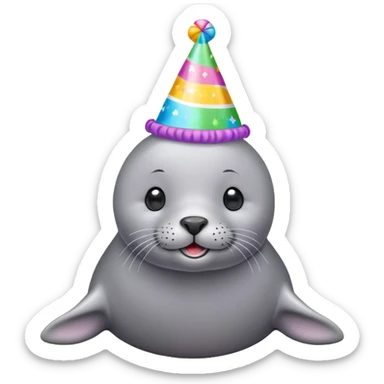 A cute gray seal with colorful birthday party hat, simple mobile emoji style sticker