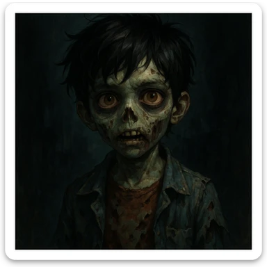 zombie boy with black hair and brown eyes, unique style, detailed, creative sticker