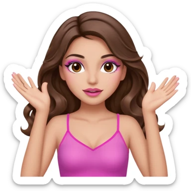 girl with long wavy brown hair, brown eyes, long lashes makeup, sexy pink lips, light to medium complexion, wearing a pink sexy top, both hands in the air high sticker