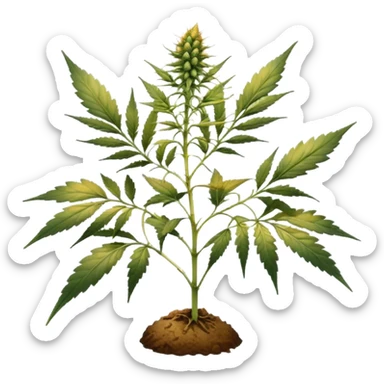 small cannabis plant at late harvest stage, modestly sized, uneven growth structure, thin branches supporting medium size female buds, leaves showing natural discoloration in shades of yellow and green, clearly visible trichomes with amber hues, resin-coated buds ready for harvest sticker