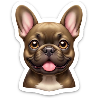 Cinematic Comical Brindle French Bulldog Portrait Emoji, Head tilted dramatically with an exaggeratedly amused expression, featuring a striking brindle coat with bold fawn highlights, wide, expressive dark eyes filled with playful disbelief, Simplified yet hilariously expressive features, highly detailed, glowing with a slightly sassy glow, high shine, dramatic yet playful, stylized with an air of cheeky mischief, bright and endearing, soft glowing outline, capturing the essence of a spirited and over-the-top companion, so meme-worthy it feels like it could side-eye its way into internet fame instantly! sticker