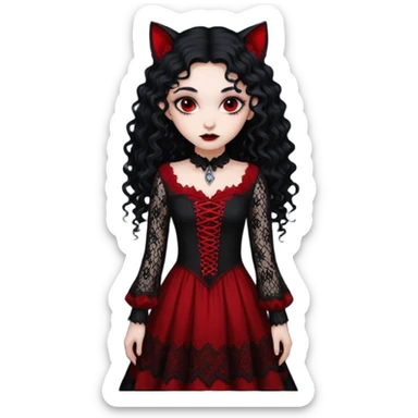 A girl with a red goth vampire look in a black and red goth lace dress with long sleeves and long black curly hair Fox eyes sticker