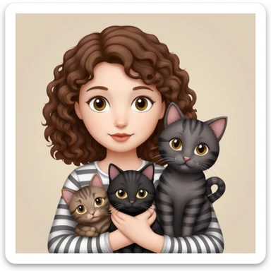 Girl with curly hair holding three cats, one black cat, one grey cat, and one grey-striped cat sticker