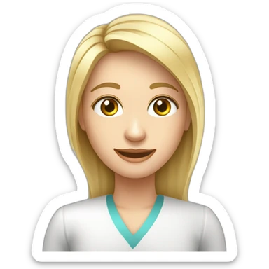 Crea un avatar de medio cuerpo de una nutricionista rubia con ojos grandes y de color gris, cara fina, pelo largo, empieza por ahí y vamos refinando el resultado  sticker