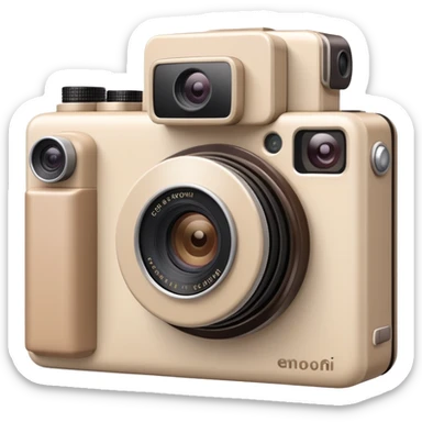 A beige camera with a photo frame next to it on the back of the camera sticker