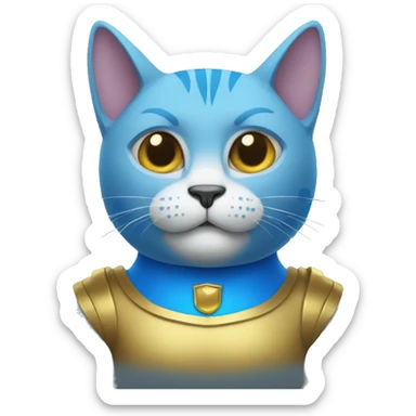  A blue cat with horns and a gold shirt sticker