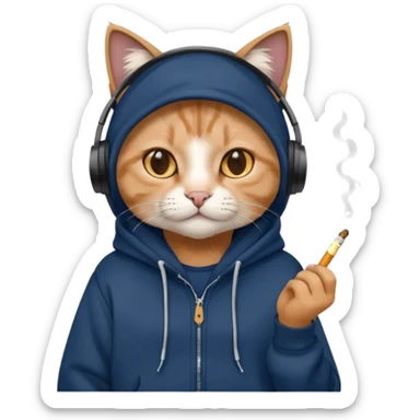 cat in headphones, in a dark-blue almost black oversized hoodie with a cigarette in his hand sticker