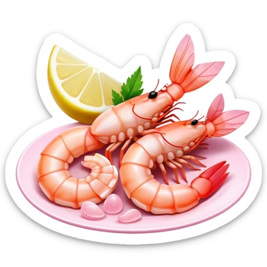 Cinematic glistening shrimp, pink and juicy, slightly curled with a light char, served with lemon wedges, ultra-detailed and fresh, warm glowing background. sticker
