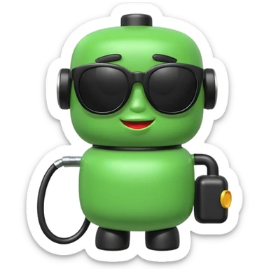 A cute 3D icon of a green gas pump character wearing oversized black sunglasses. Round and chubby proportions, glossy toy-like texture, soft pastel lighting, friendly expression, smooth edges, high-quality render, isolated on a transparent background. sticker