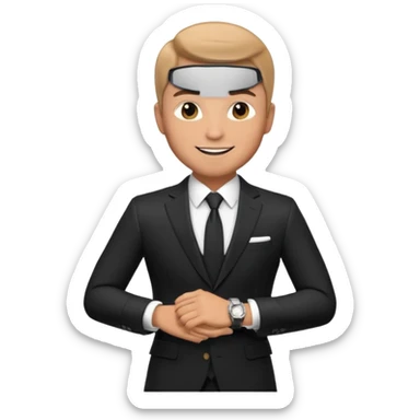 handsome male memoji, wearing a tailored black suit, luxury watch, confident smile, charismatic businessman vibe sticker