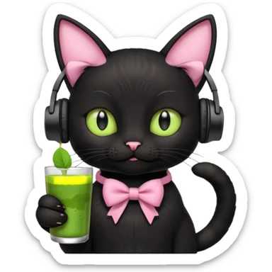 A black cat wearing cute headphones with a glass of matcha, a pink bow on his ear sticker