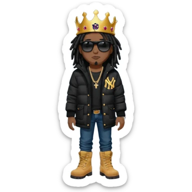 African American man with shoulder length black dreadlocks and black sunglasses wearing a black New York Yankees baseball hat wearing a black bubble winter coat with denim skinny jeans and timberland boots wearing a crown sticker