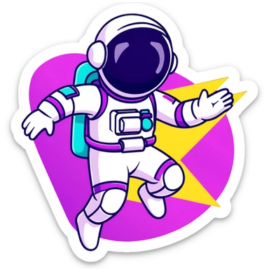 Stylized futuristic astronaut in mid-flight pose, sleek purple and neon teal suit, flat vector design, heroic silhouette, dynamic diagonal motion lines sticker