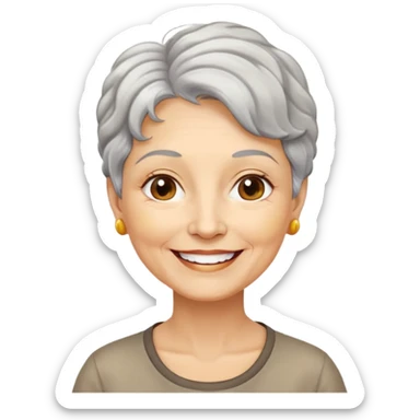 Bà lão 60 tuổi, da vàng, mặt tròn, tóc ngắn màu bạc, tóc hơi xoăn, mặt cười tươi vui vẻ, áo nâu sticker