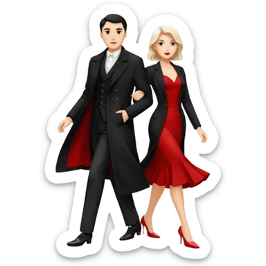 Ultra detailed realistic tango couple icon, black background, dramatic lighting, long black coat on man, white shirt and white shoes, red dress and white heels on woman, centered, minimal background, high contrast, 4K resolution, profile picture ready, sharp clean edges sticker