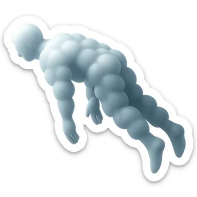 side view of unconscious person flying upwards by torso, legs and arms downwards, made of small very bright white fluffy convex clouds, matte glass style sticker