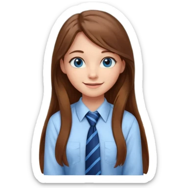 high school class room with a pretty female high school student with long brown hair, blue eyes, wearing a tie, sitting in front of the blackboard sticker