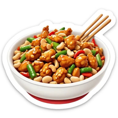 Cinematic Realistic Kung Pao Chicken Dish Emoji, showcasing spicy, stir‚Äêfried chicken with peanuts and vegetables rendered with dynamic textures and vibrant lighting. sticker