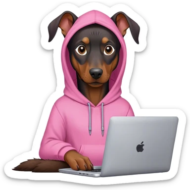 Doberman pincher in a pink hoodie behind a laptop sticker