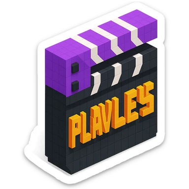 voxel style movie clapperboard with the text 'PLAVLEYS', purple lid, black body, isometric view sticker