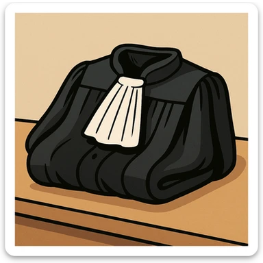 a folded lawyer's robe with visible white collar, resting on a table, minimalistic style sticker