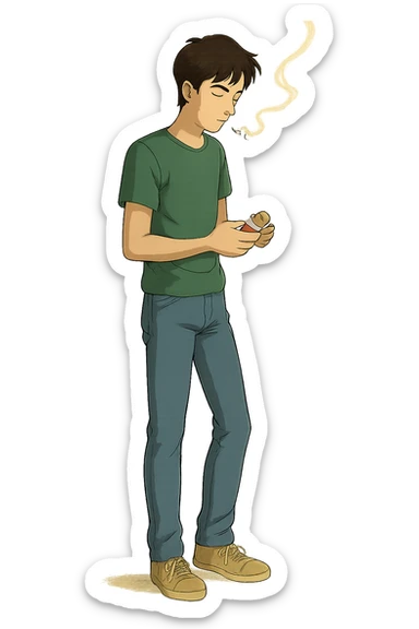 A full body of a slim young man wearing jeans and a t.shirt holding a packet of cigarettes and smoking sticker