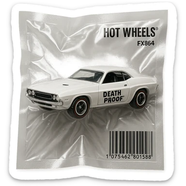 white 1971 Dodge Challenger Hot Wheels toy car, glossy, inspired by the movie 'Death Proof' sticker