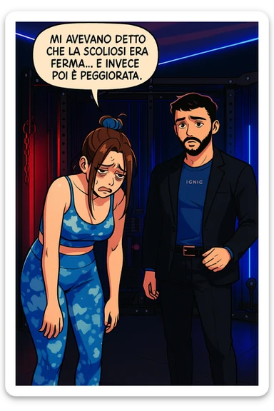 fai questa immagine in versione fumetto/manga/webtoon a colori, il manga mostra la donna disperata con un fumetto sulla testa che dice:
Mi avevano detto che la scoliosi era ferma… e invece poi è peggiorata.
 sticker