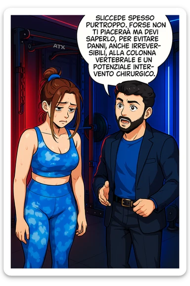fai questa immagine in versione fumetto/manga/webtoon a colori, il manga mostra l'uomo che risponde alla donne:
Succede spesso purtroppo. 
Forse non ti piacerà ma devi saperlo, per evitare danni, anche irreversibili, alla colonna vertebrale e un potenziale intervento chirurgico. sticker