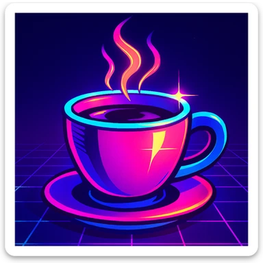 coffee cup in synthwave style, neon colors, retro 80s aesthetic, glowing accents sticker