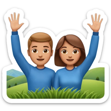 A 3D cartoon couple on top of a hill raising hands in victory, sunny sky and nature background, Memoji-style. sticker